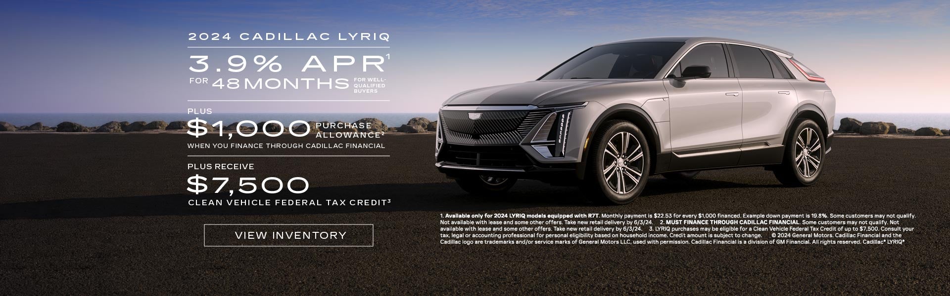 2024 Cadillac LYRIQ. 3.9% APR for 48 months. plus $1,000 purchase allowance plus $7,500 clean veh...
